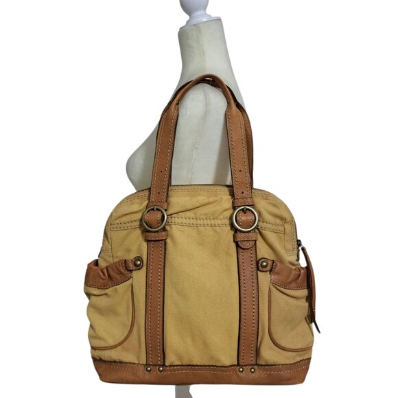 Fossil Women's Shoulder Purse Bag Tan Honey Pebble Leather Canvas School Work - Picture 1 of 8